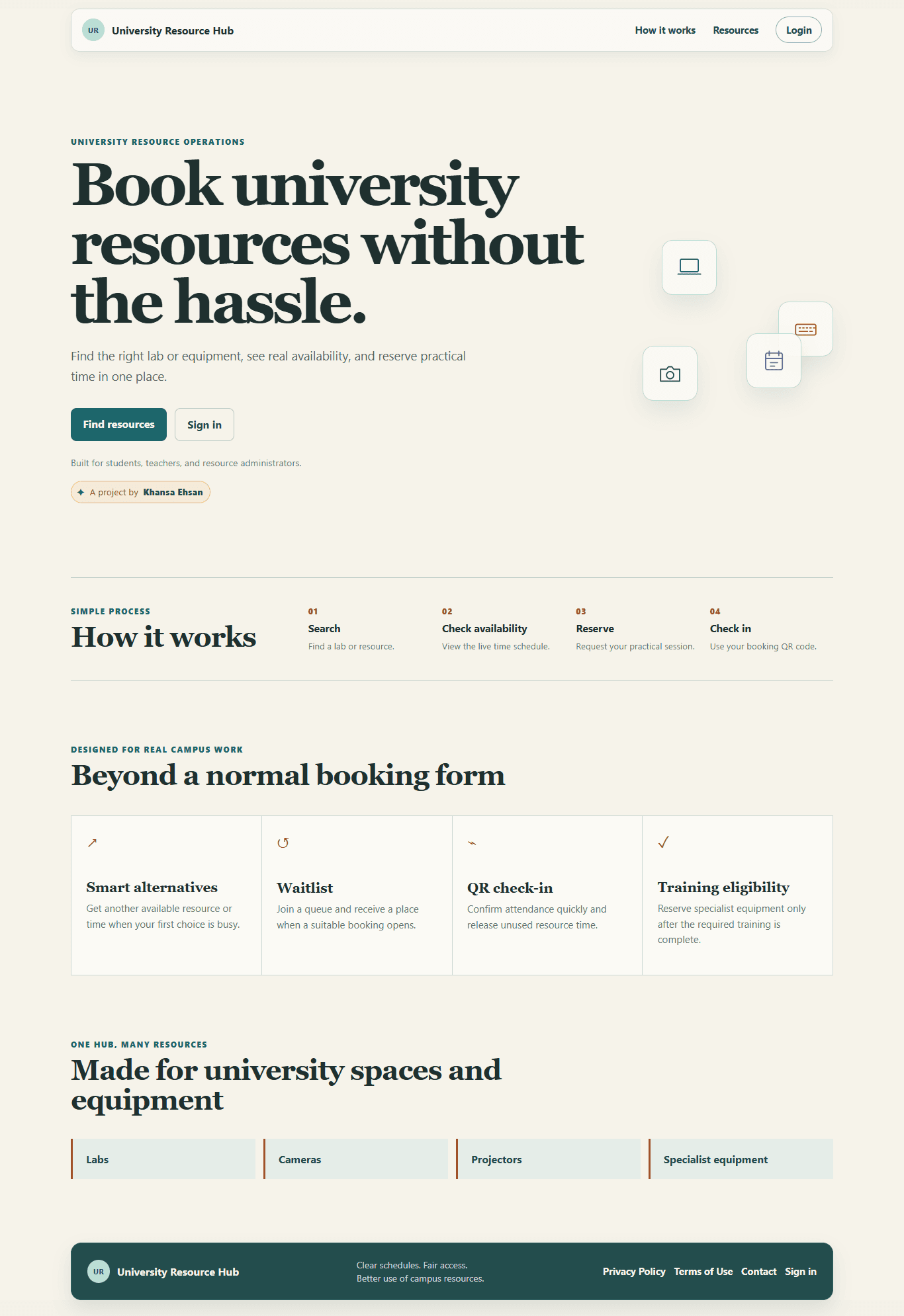 University Resource Hub homepage for booking labs and equipment.